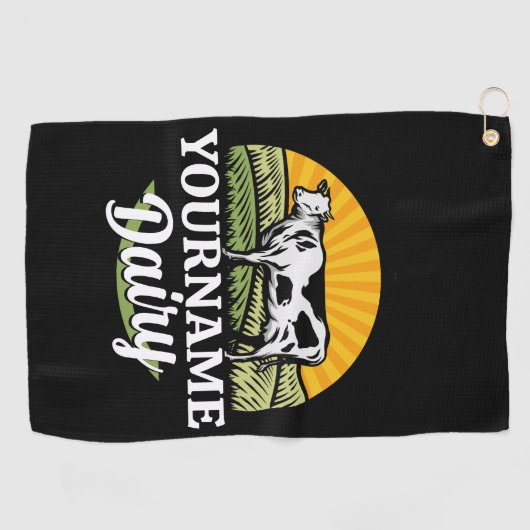 ADD NAME Sunset Dairy Farm Grazing Holstein Kuh Golfhandtuch (Horizontal)