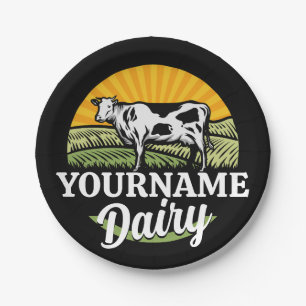 ADD NAME Sunset Dairy Farm Grazing Holstein Kuh Pappteller