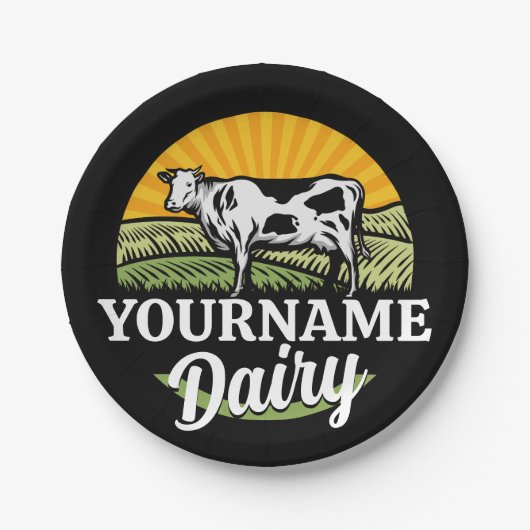 ADD NAME Sunset Dairy Farm Grazing Holstein Kuh Pappteller (Vorderseite)