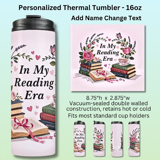Add Name Text In My Reading Era Pink Books Flowers Thermosbecher