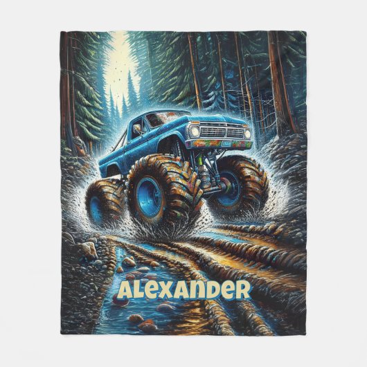 Add Name Text, Monster Truck in Forest Fleecedecke (Vorderseite)