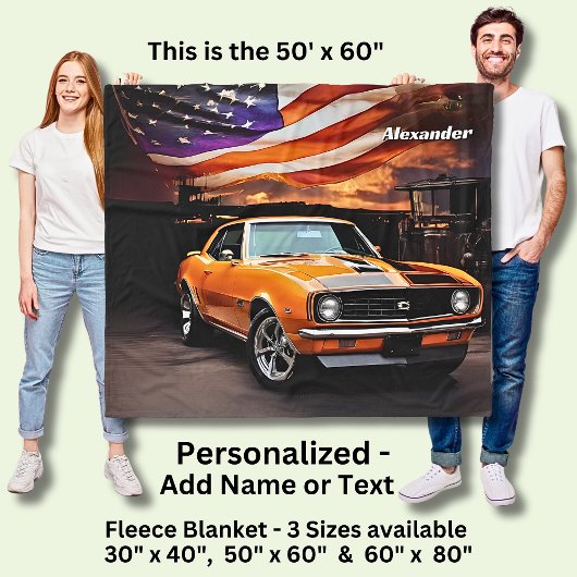 Add Name Text, Orange Muscle Car  Fleecedecke