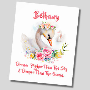 Add Name Text,  Soft Swan mit rosa Rosenblumen   Poster