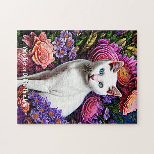 Add Name Text, White Cat with Abstract Flowers Puzzle (Horizontal)