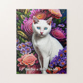 Add Name Text, White Cat with Abstract Flowers Puzzle (Vertikal)