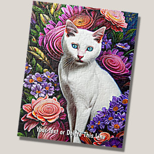 Add Name Text, White Cat with Abstract Flowers Puzzle