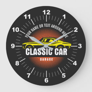 Add Name Text Yellow Classic Car   Große Wanduhr