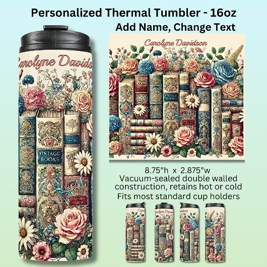 Add Name Vintage Books & Flowers Thermosbecher