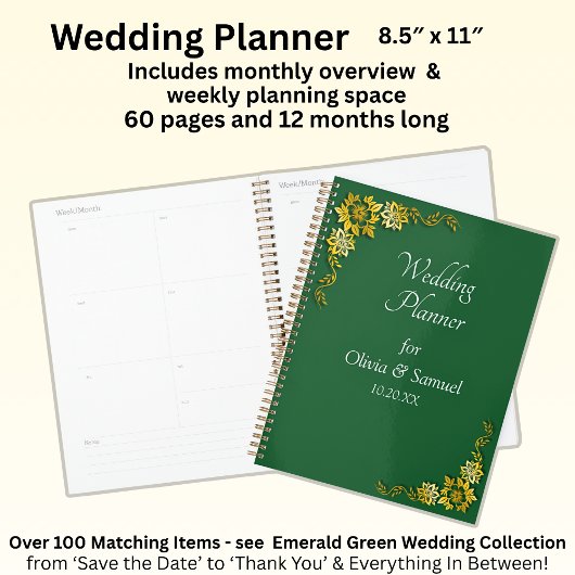 Add Names & Date Emerald Green & Gold Planer