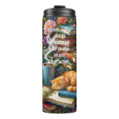 Add Text, Cat is Dreaming, Books, Coffee, Flowers Thermosbecher (Vorderseite)