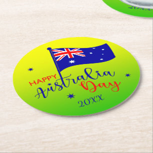 Add Year, Happy Australia Day Flag Green Gold Runder Pappuntersetzer