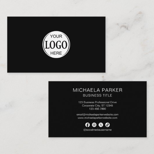 Add Your Logo Black Professional Social Media Visitenkarte (Vorne/Hinten)