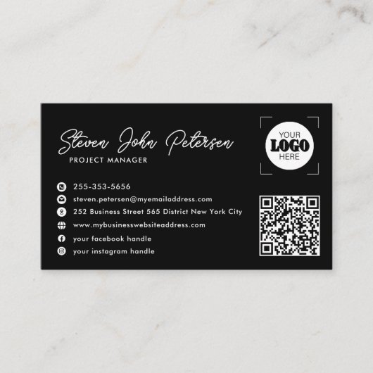 Add your logo professional QR code black Visitenkarte (Vorderseite)