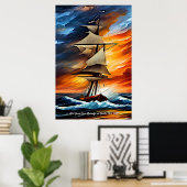 Add Your Message, Sailing Ship in Waves at Sunset Poster (Heimbüro)