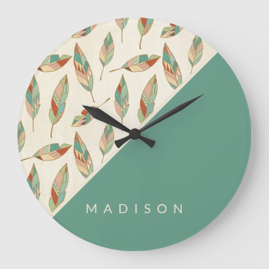 Add Your Name | Geometric Feather Pattern Große Wanduhr (Vorderseite)
