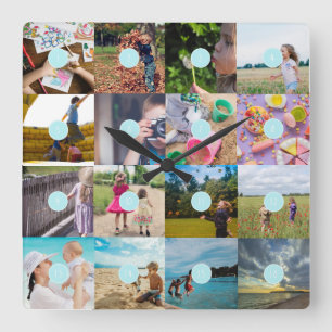 Add your own 16 Photo Customisable Collage Clock Quadratische Wanduhr