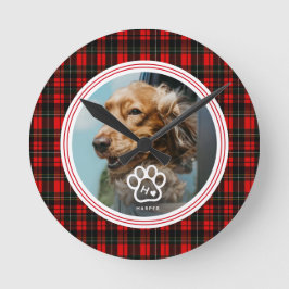 Add Your Own Dog Pets Photo Monogram Name Tartan Runde Wanduhr