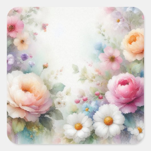 Add Your Text Blank Template Watercolour Flowers Quadratischer Aufkleber (Vorderseite)