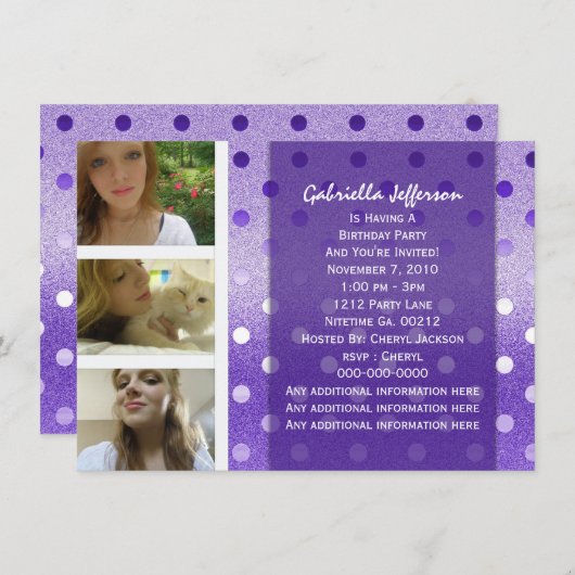 Addieren Sie Ihr Bild: Lila Schein-Party Einladung (Vorne/Hinten)