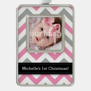 Addieren Sie Ihr Foto + Namen-- rosa und graues Rahmen-Ornament Silber
