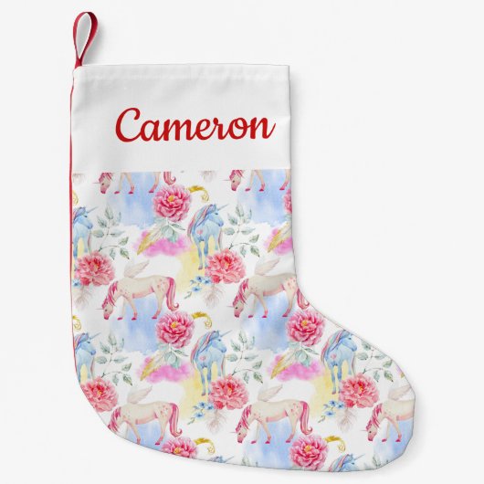 Addieren Sie Ihr Namens| Aquarell-Einhorn u. Kleiner Weihnachtsstrumpf (Vorderseite)