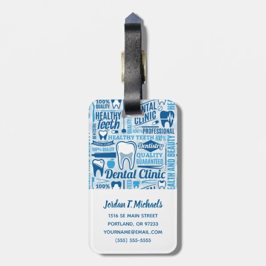 Addieren Sie Ihr Namens| blaues zahnmedizinisches Gepäckanhänger (Rückseite vertikal)