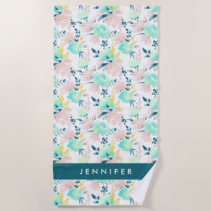 Addieren Sie Ihr Namens  BlumenAquarell-Muster Strandtuch