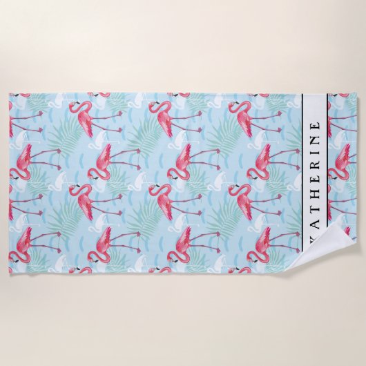 Addieren Sie Ihr Namens| Flamingo-Muster Strandtuch (Vorderseite)