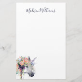 Addieren Sie Ihr Namens| gekleidetes BlumenEinhorn Briefpapier (Vorderseite)
