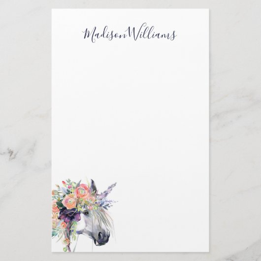 Addieren Sie Ihr Namens| gekleidetes BlumenEinhorn Briefpapier (Vorderseite)