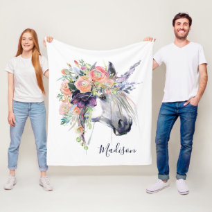Addieren Sie Ihr Namens  gekleidetes BlumenEinhorn Fleecedecke