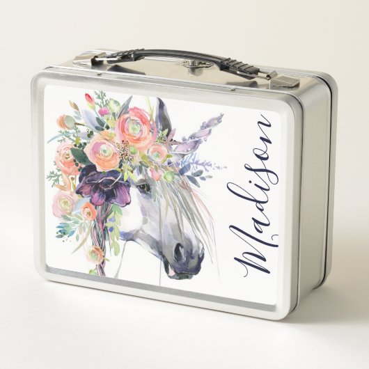 Addieren Sie Ihr Namens| gekleidetes BlumenEinhorn Metall Brotdose (Rückseite)