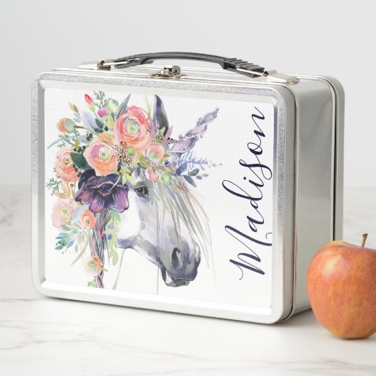 Addieren Sie Ihr Namens| gekleidetes BlumenEinhorn Metall Brotdose (Beispiel)