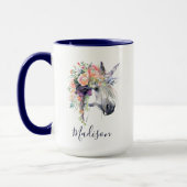 Addieren Sie Ihr Namens| gekleidetes BlumenEinhorn Tasse (Links)
