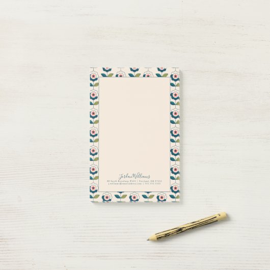 Addieren Sie Ihr Namens| Retro Türkis-Blumenmuster Post-it Klebezettel (Auf Schreibtisch)