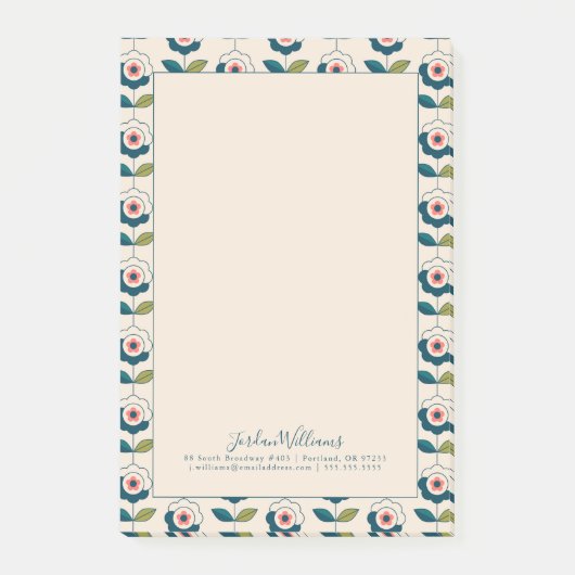 Addieren Sie Ihr Namens| Retro Türkis-Blumenmuster Post-it Klebezettel (Vorderseite)