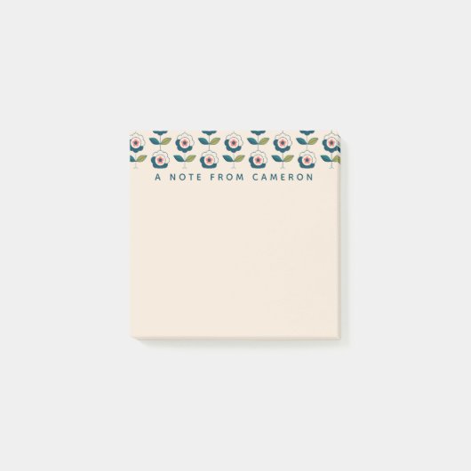 Addieren Sie Ihr Namens| Retro Türkis-Blumenmuster Post-it Klebezettel (Vorderseite)