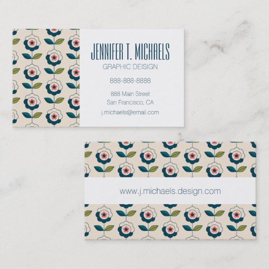 Addieren Sie Ihr Namens| Retro Türkis-Blumenmuster Visitenkarte (Vorne/Hinten)