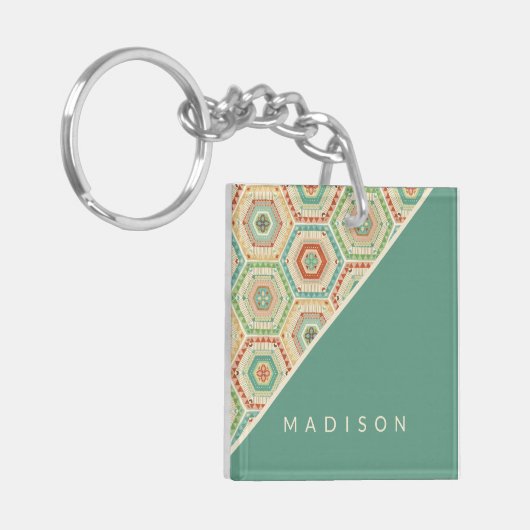 Addieren Sie Ihr Namens| Südwesthexagon-Muster Schlüsselanhänger (Vorderseite links)