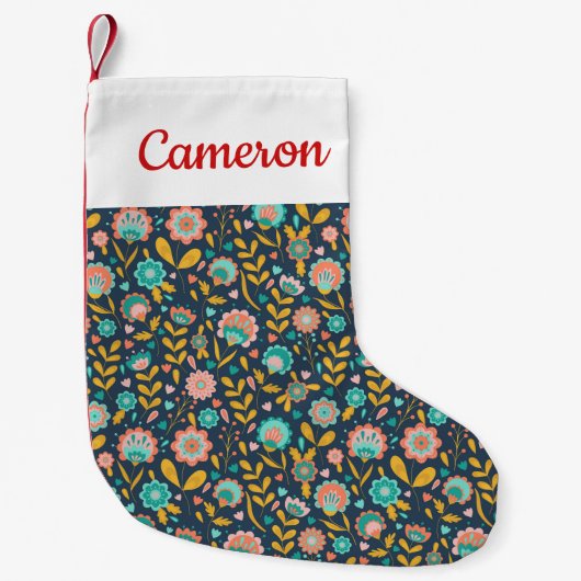 Addieren Sie Ihr Namens| Volkskunst-Blumen-Muster Kleiner Weihnachtsstrumpf (Vorderseite)