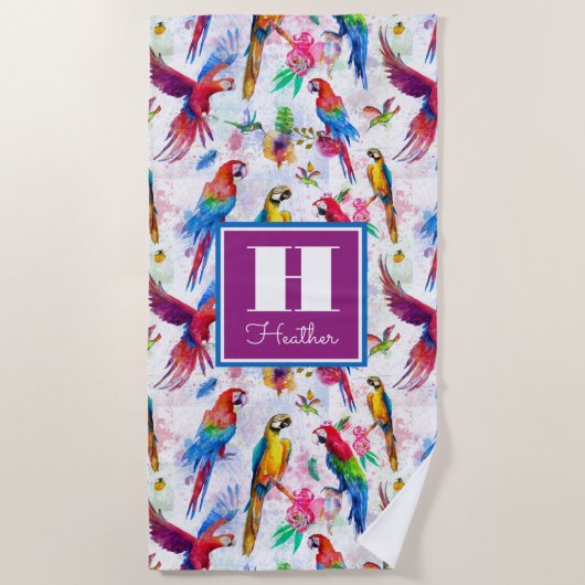 Addieren Sie Ihre Namens| Aquarell-Art-Papageien Strandtuch (Vorderseite)