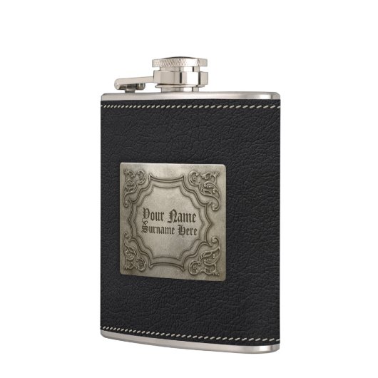 Addieren Sie Ihren Namen - Imitat-Leder u. Flachmann (Links)