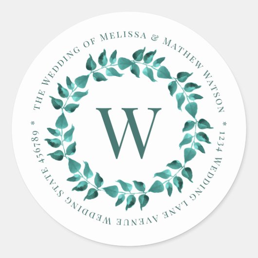 Address Aquamarin Monogram Wreath Wedding Umschlag Runder Aufkleber (Vorderseite)