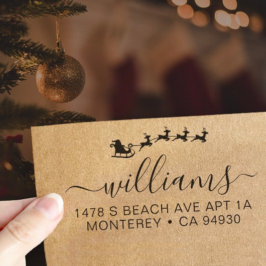 Address-Briefmarke mit Sants Sleigh und Script-Sch Permastempel