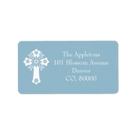 Address Labels Floral Cross Christening Sky Blue Adressaufkleber