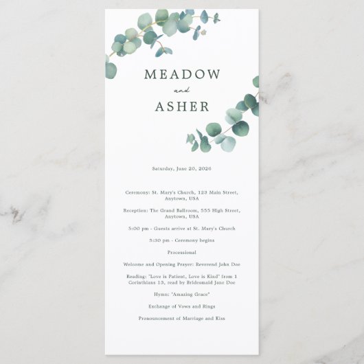 Adelaide Watercolor Eucalyptus Wedding Program Programm (Vorderseite)