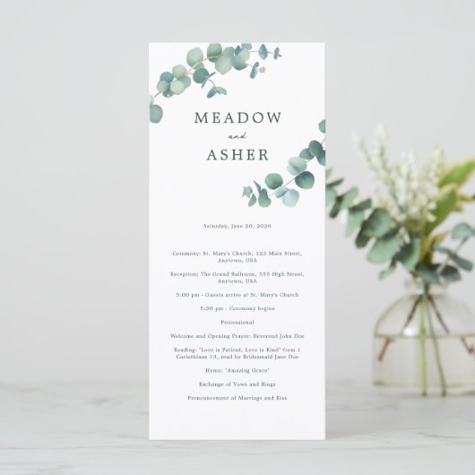 Adelaide Watercolor Eukalyptus Wedding Program Programm (Stehend Vorderseite)