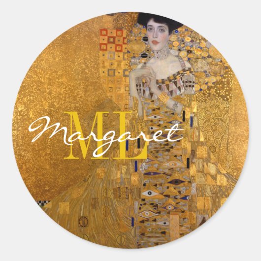 Adele, Lady in Gold von Gustav Klimt, Monogram Runder Aufkleber (Vorderseite)