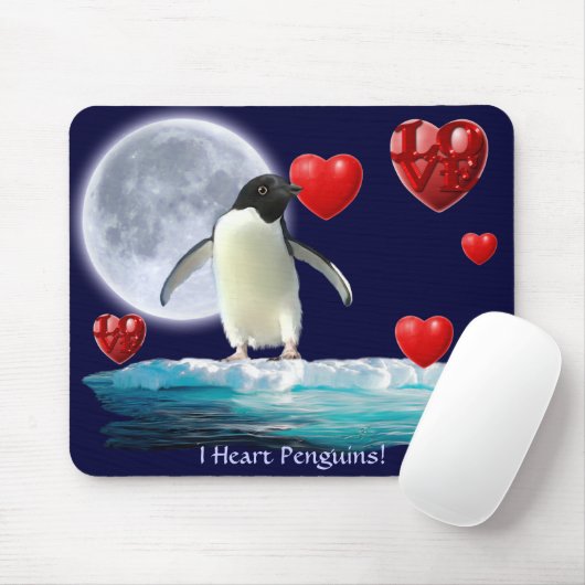 Adelie Penguin, Moon & Hearts Mousepad (Mit Mouse)