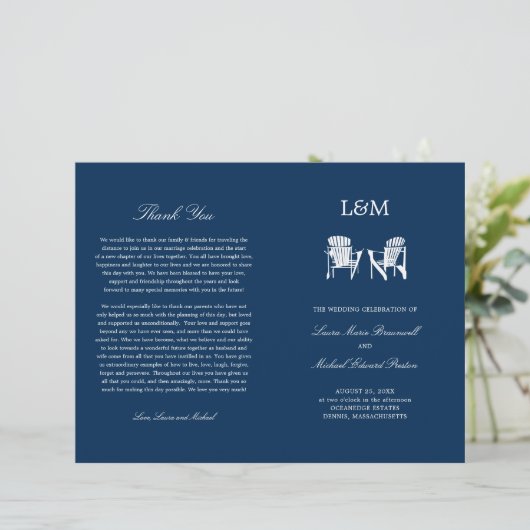Adirondack Beach Chairs Navy Blue Wedding Program (Stehend Vorderseite)